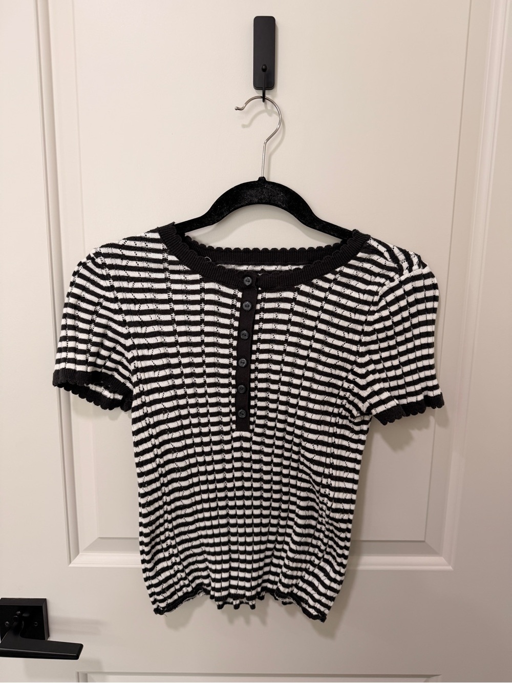 American Eagle Outfitters Black and White Striped Short Sleeve Henley